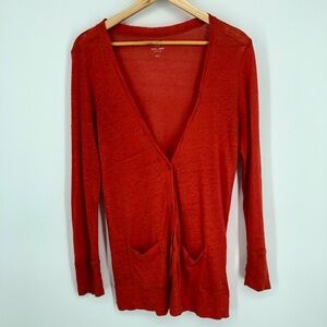 J Crew Womens 100% Linen Cardigan Size M Orange Longline Deep V Buttons‎ Pockets